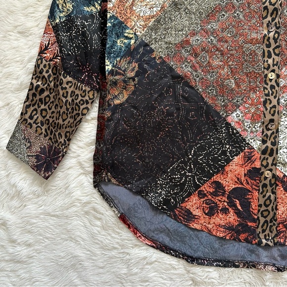 Johnny Was Workshop Top Mabel Printed Silk Button-Up Velvet Back Long Sleeve M - Picture 7 of 14